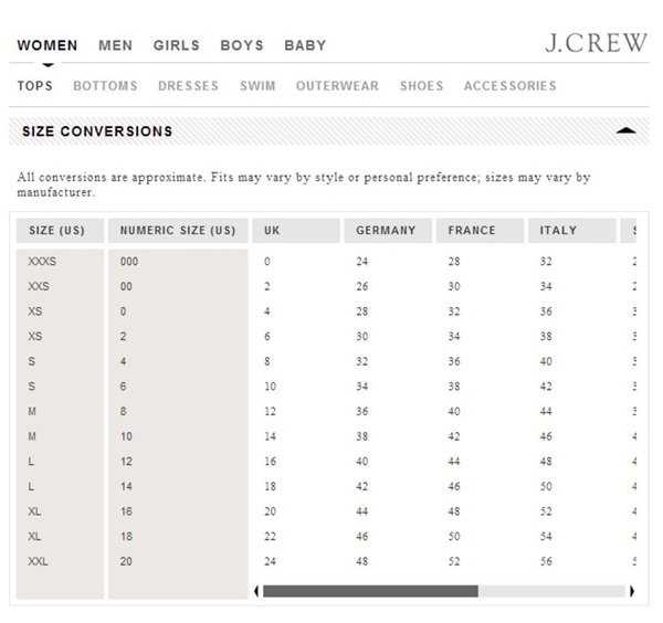 j crew men's shirt size chart